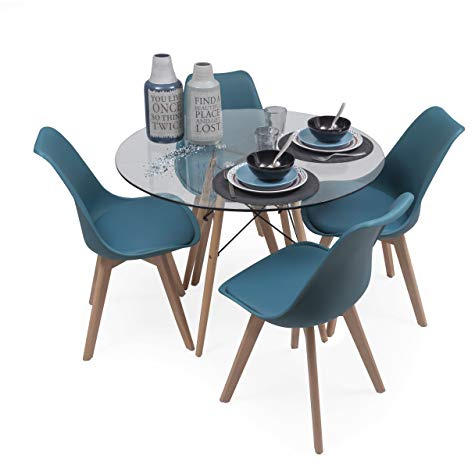 musashino LABEL Homely - Conjunto de Comedor Tower 100 Day Cristal Mesa de Cristal Redonda de 100 cm y 4 sillas Day (Turquesa)
