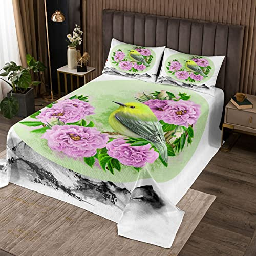 feelingyou Vogel Blumen Steppdecke, Lila Blumen Tagesdecke 240x260 cm Kinder Erwachsene Schlafzimmer, Ink Mountain Painting Tagesdecke Sets 3 Stück mit 2 Kissenbezügen, Weicher Stoff