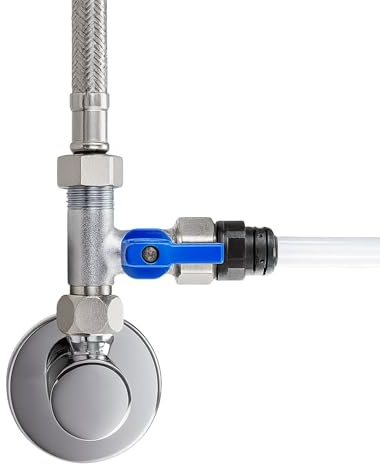 Absperrhahn, Absperrventil Adapter T-Stück zum Anschluss von Wasserfilter | Umkehrosmose, Side-by-Side Kühlschränke, Kaffeemaschine | 3/8 AG x 3/8 IG x 3/8 ÜM + Adapter 6 mm Schlauchanschluss