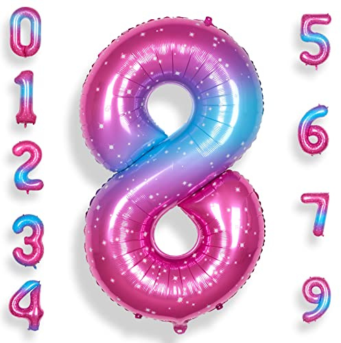 RainbowQ Party 8 Balloon Number 40 Inch for Boy or Girl Big Starry 0-9 Foil Mylar Large 8 Number Balloon Happy 8th Birthday Party Anniversary Decorations Supplies