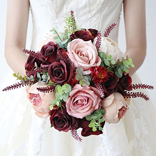KiKom Hochzeitsstrauß Vintage Künstliche Mehrere Seidig Blumen Wein Rote Rose Braut Brautstrauß Brautjungfer Hochzeit Dekoration Blumensträuße