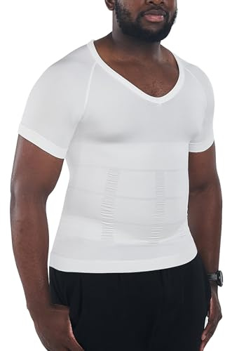 KOCLES Gynecomastia Compression Shirts for Men, Shapewear Slimming Body Shaper Undershirt, V-Neck Baselayer T-Shirt for Workout Sports, Fajas para Hombres (White, Large)