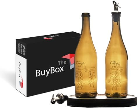 Set di 2 750ml/25oz Dispenser Olio d'Oliva e Aceto con Beccuccio, Dosatore Olio per d'oliva in Vetro con Vassoio in Legno, Oliera da Tavola, Bottiglie vetro per Cucina, Bottiglia olio con Dosatore