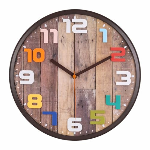 Topkey Wanduhr in Holzoptik, leise, nicht tickend, bunt, dekorative runde Uhr für Wohnzimmer, Schlafzimmer und Büro, Batterie nicht im Lieferumfang enthalten