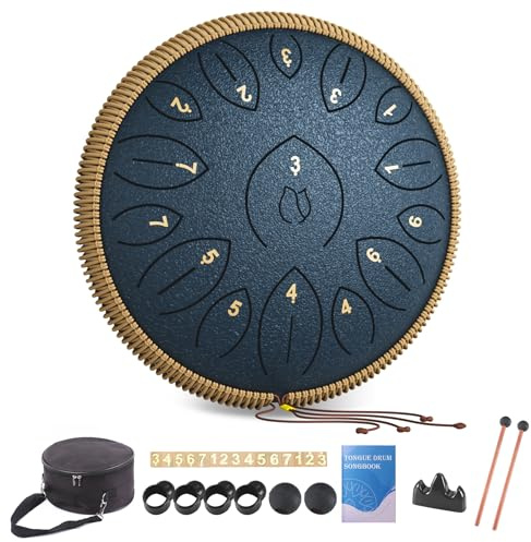 Steel Tongue Drum 12 Inch 15 Notes, Steel Drums Instruments for Kids Adults, Hand Pan Drum with Music Book, Drum Mallets and Carry Bag, Handpan C Major, Navy Blue