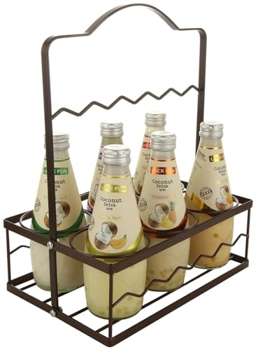 ASelected Milk Bottle Holder 6 Holes Reusable Beer Bottle Carrier Stainless Steel Milk Bottle Holder(Brown)