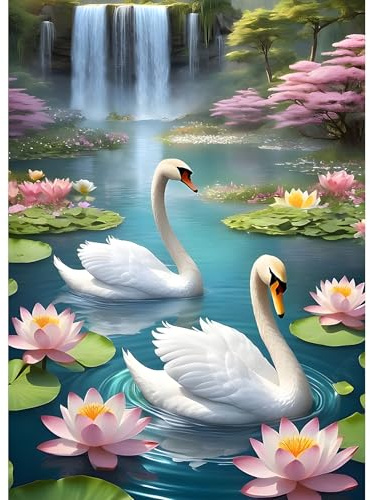 DPHERO DIY Schwan Diamant Painting Bilder für Erwachsene Anfänger,5D Wasserfall Diamond Painting Set,DIY Blumen Runde Steine Diamant Kunst Kits, Lotus Diamant Painting für Zuhause Dekor 30x40 cm