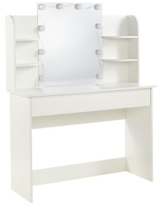 White Dressing Table with LED Mirror, Makeup Vanity & Storage 90cm by MMT | Compact white dressing table with LED mirror, spacious drawer and open shelves for makeup and beauty essentials.