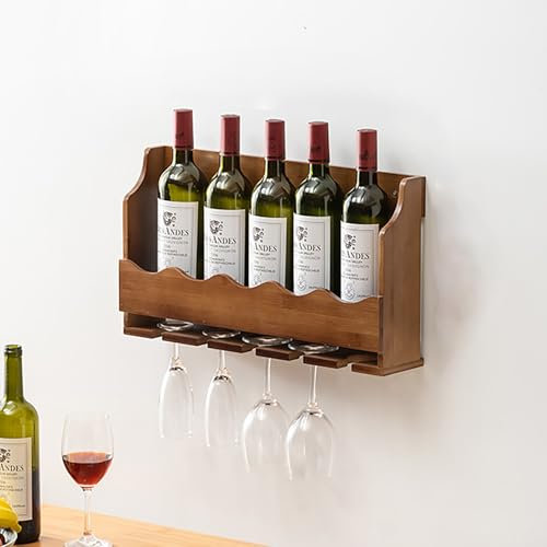 Estante de vino de madera montado en la pared con soporte de vidrio, elegante estante de almacenamiento para botellas de vino para el hogar, bar y cocina, diseño de ahorro de espacio para comedor,