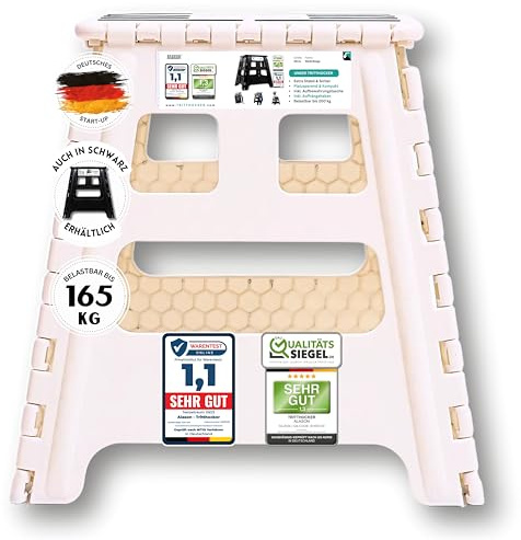 VERGLEICHSSIEGER - Alason® Tritthocker Klappbar 32 cm, Belastbar bis 165 kg – Mit Aufhängehaken & Aufbewahrungstasche – Platzsparender, Faltbarer Hocker in Weiß/Beige für Zuhause, Küche, Bad & Garage