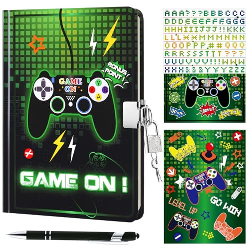 WERNNSAI Luminous Kids Diary for Boys, Game Secret Diary with Lock Keys, Journal Notebook with Pen Stickers Birthday Christmas Gift for Boys, School Travel A5 Lined Writing Drawing