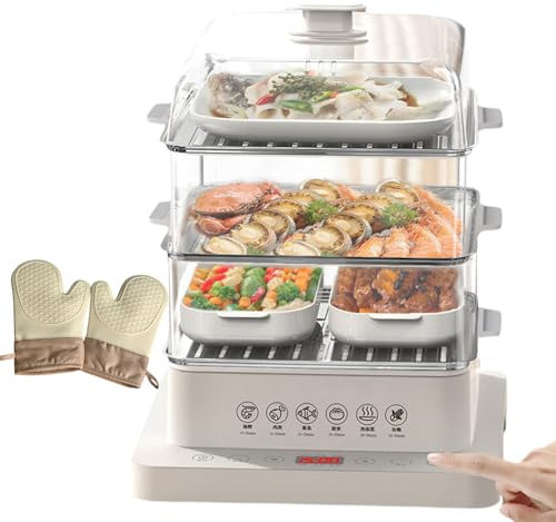 pedenencelia Vaporera Eléctrica Alimentos 3 Capas,Calentador Alimentos Plegable 40 L,Vaporera Automática para Cocina,Preservación Automática del Calor,con Un Par Guantes Aislantes del Calor