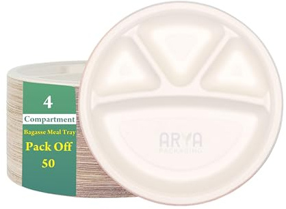 Arya PACKAGING Piatti usa e getta rotondi da 28 cm, 4 scomparti, vassoi di carta bagassa di canna da zucchero, perfetti per feste, picnic, cene in famiglia e celebrazioni, piatti per il controllo