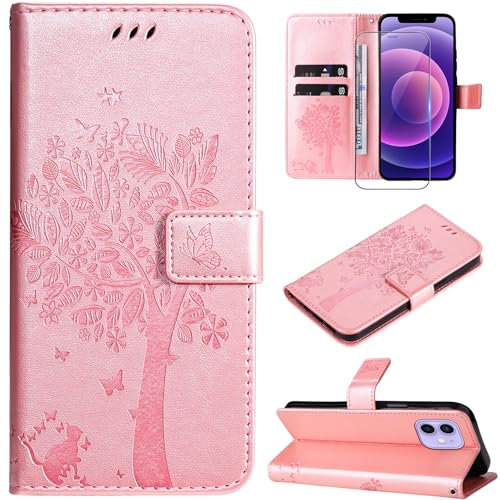 Hancda Phone Case for iPhone 12 / iPhone 12 Pro Leather Case with Tempered Glass Screen Protector Wallet Card Holder Slot Flowers Design Case Flip Cover for iPhone 12/iPhone 12 Pro,Rose Gold
