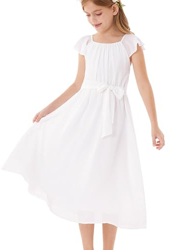 Grace Karin Flicka sommarklänning elegant chiffong prinsessa lång klänning bröllopsgäst aftonklänning för tonårsflickor 5–14 år, Vit, 8-10 år