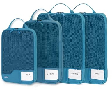 ECOHUB Organizer, 4-teilig, Kompressionstasche für Reisen, Aufbewahrung, Koffer, Organizer, belüftet, mit Netz, Packwürfel, SBS Reißverschluss, mit handgeschriebenen Karten, transparentes Display