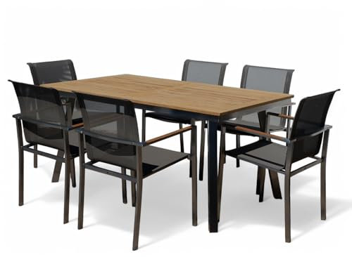 ALEOS. Gartengarnitur Edelstahl Teak Set Tisch Nassau 160x90 cm + 6 stapelbare Sessel schlammfarben Batyline Bespannung Stapelsessel A-Grade Teak Holz Gastroqualität Gartenmöbelgarnitur Esstischset
