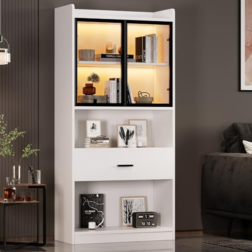 Armadio in piedi, vetrina in legno, con ante in vetro e illuminazione, vetrina bianca con vetro temperato, scaffale da collezione, libreria per soggiorno, camera da letto