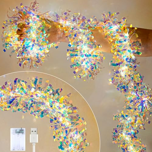 Christmas Garland with Lights, 2 Pack 16.4FT Iridescent Tinsel Garlands Battery Operated & USB, Shiny Foil Garland Indoor Hanging Home Decor, Garland for Birthday Holiday New Years Eve Party Supplies