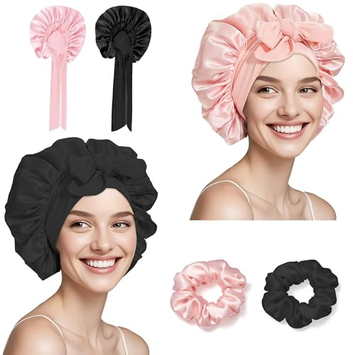 Sealong 2 Stück Seidenhaube zum Schlafen mit Haargummis, Verstellbarem Satin Haarhaube Seide, Weich Schlafmütze Damen Haarschutz für die Nacht, Bonnet Sleep Cap Duschhauben