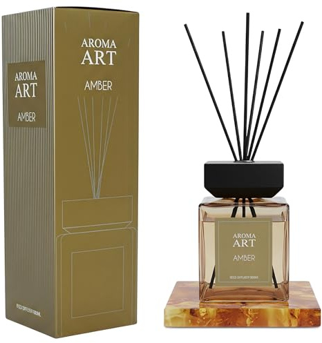 XXL Raumduft im eleganten Glasflacon 800 ml - Amber - Große stilvolle Duftvase mit 6 Diffuser Sticks - Dekorativer Raumerfrischer Lufterfrischer Raumparfüm Duftdiffuser mit Holzstäbchen