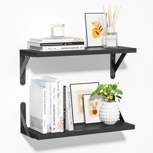 Marketero Black Floating shelves, Heavy Duty Small Wall Floating Shelf Room Decor, 2 Pack Wooden Wall Mounted Shelves for Kitchen, Office, Bathroom Organization