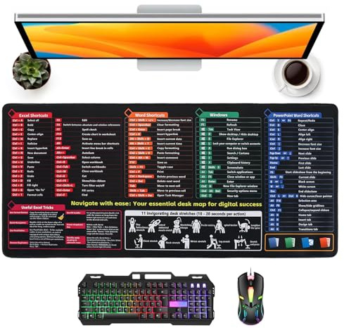Skrivbordsunderlägg engelska XXL 900 x 400 mm för Excel, Word, PPT, Windows Spickzettel Skrivbordsunderlägg engelska musmatta engelska för Excel genvägsunderlägg engelska