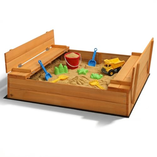 LEADZM Holz Sandkasten für Kinder mit Sitzbank und Abdeckhaube, Maße 110 x 110 x 21 cm, Großes Outdoor-Sandkasten für Garten, Strand und Park, für Kinder im Alter von 6 bis 12 Jahren