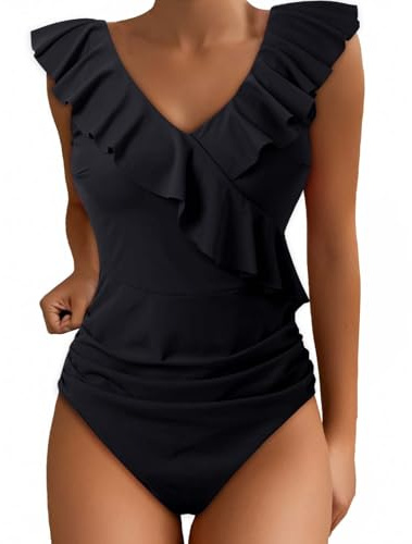 Maillot de Bain Femme 1 Pièce - Monokini Amincissant avec Push-Up, Volants et Col en V pour Un Ventre Plat