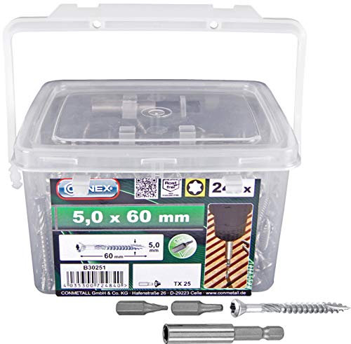 Connex Terrassenschrauben 5,0 x 60 mm - 240 Stück - Mit Bohrspitze & Schneidkerbe - Senkkopf - TX-Antrieb - Rostfreier Edelstahl C1 - Inkl. Magnethalter & 2 Bits / Schrauben-Eimer / B30251