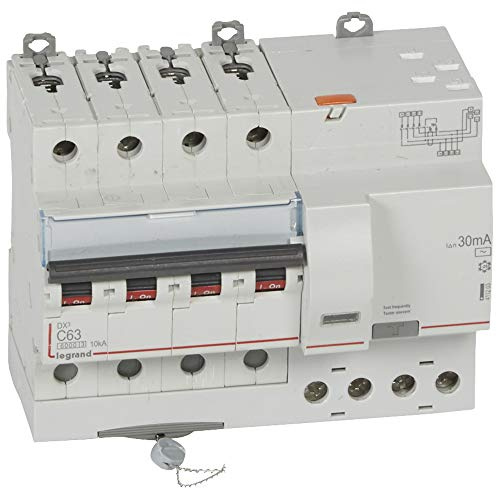 Legrand 411203 Disjoncteur différentiel monobloc DX³6000 10kA arrivée haute vis départ haut automatique, 4P, 400V, 63A typeAC, 30mA