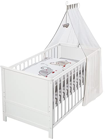 roba Babybett Set Jumbotwins - 70 x 140 cm - Kinderbett mitwachsend / umbaubar - Komplett inkl. Bettwäsche, Himmel, Matratze - Höhenverstellbar - Holz weiß