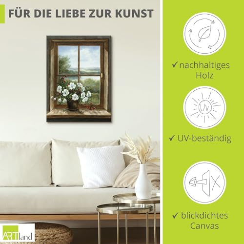 ARTLAND Wanddeko Leinwand Bilder Wandbild Fensterblick Blumen Fenster Landschaft Natur Stillleben Botanik Kunst T5ZB