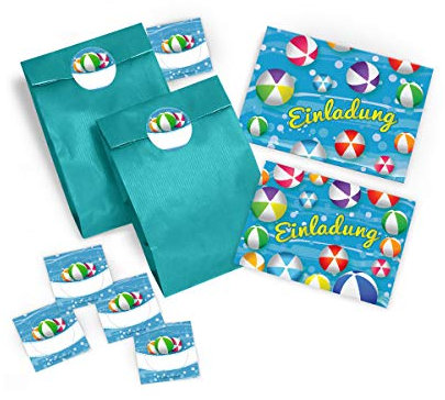 JuNa-Experten 8 Einladungskarten incl. 8 Umschläge und 8 Party-Tüten mit 8 Aufklebern zum Kindergeburtstag Schwimmbad Party Wasserbälle/Pool Party/bunte Einladungen zum Geburtstag/Umschläge/Tüten