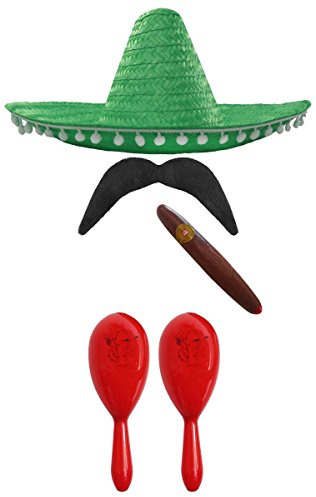 MEXIKANSK FANCY TRÄDGÅRDSTILLBEHÖR. MEXIKAN SOMBRERO + MARACAS + TASH. Perfekt för XIKANSKA FANCY DRESS KOSTER SENORITA BANDIT MARIACHI (GRÖN POM POM SOMBRERO + 2 X RÖD MARACAS)