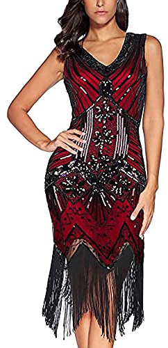 Comeon Gatsby Dress, Women 1920s Art Deco Sequin Paisley Flapper Tassel Glam Party Cocktail Dresses