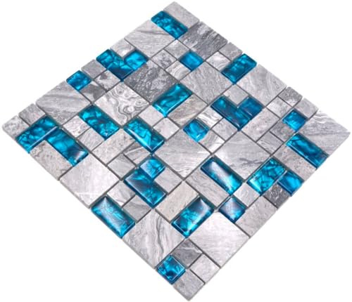 Mosaik Fliese Transluzent grau Kombination Glasmosaik Crystal Stein grau blau für WAND BAD WC DUSCHE KÜCHE, Mattengröße: 300x300 = 0,09 qm, Steingröße: 23x23/48x48x8 mm - 1 Matte