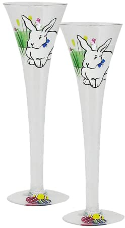 Golden Hill Studio Easter Hand Painted Hollow Flute Champagne Glasses - Set of 2 - Bunny and Tulips Easter Glassware Collection - Hand Painted Glassware by USA Artists - Easter Table Décor