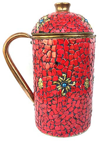 Rastogi Handicrafts Carafe en cuivre pur – Lot de 2 verres avec pichet extérieur en pierre rouge (pichet rouge)