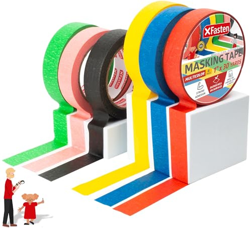 XFasten Lot de 6 rubans de masquage multicolores pour enfants, 2,5 cm x 30 m, ruban de masquage pour enfants, artistes, courbes, bricolage, murs, aquarelle et peinture