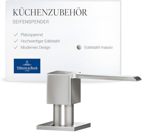Villeroy & Boch Seifenspender, eckig, 250 ml – Edelstahl massiv | Einbau-Spülmittelspender aus Edelstahl, 250 ml Füllmenge, von oben zu befüllen, 923630LC