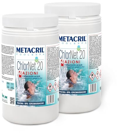 Metacril Chlor Net 20 4 Azioni, Cloro Multiazione in Pastiglie da 20 gr, a Lenta Dissoluzione, per Piscina e Idromassaggio - 2 KG (1+1)