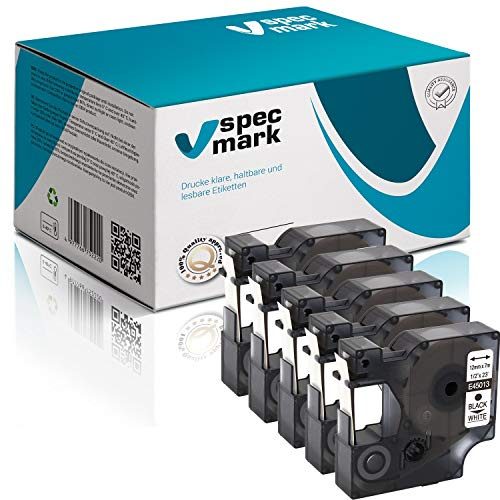 specmark Schriftband D1 45013 S0720540 12 mm x 7 m 5 Stück Schwarz auf Weiß | Beschriftungsband, Kompatibel mit DYMO LabelManager, LabelPoint und LabelWriter DUO