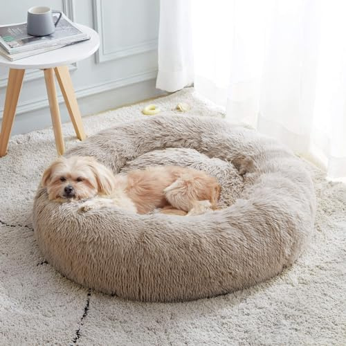 Calming Dog Bed & Cat Bed, Anti-Anxiety Donut Cuddler Warming Cozy Soft Round Fluffy Faux Fur Plush Cushion Bed for Small Medium Dogs and Cats (20/24/27/30)