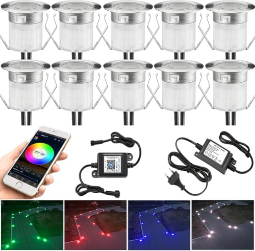 10er RGB Led Bodeneinbauleuchten Aussen Bluetooth , Ø30mm 12V Led Bodeneinbaustrahler Dimmbar, 0.5W IP67 Wasserdicht Einbaustrahler Außen Terassenbeleuchtung Bodenspots für Terrasse Garten Küche