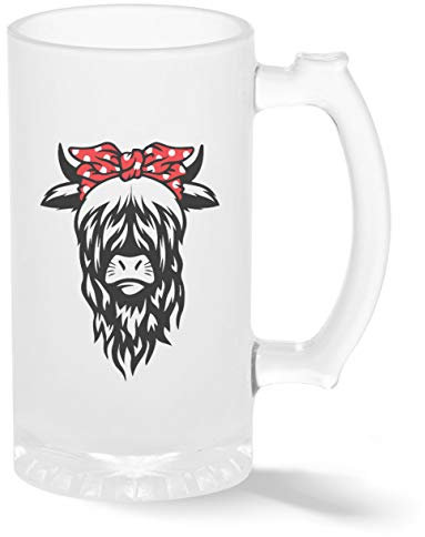 Highland Cow Red Band Ribbon Pint Glass Mug Frosted Transparent Stein Novelty Mug for Beer 500ml
