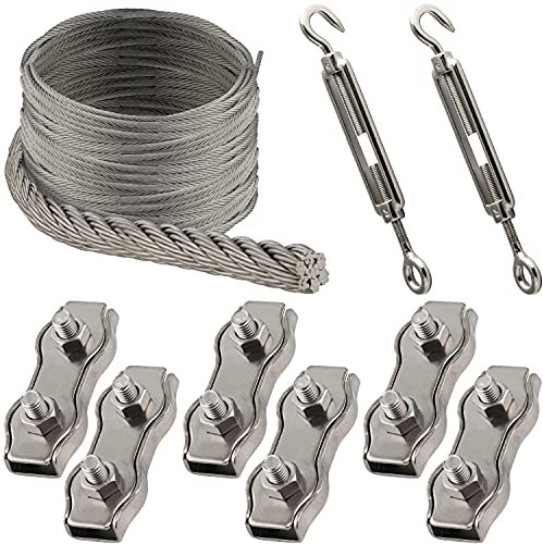 OPIOL QUALITY® 100m Drahtseil 7x7 mittelweich 4mm, 6x Duplex Drahsteilklemme M5, 2x Spannschloss M6 Auge/Haken ähnl. DIN 1480 Edelstahl A4 Set Hanging Kit Klemme Seilklemme Rankhilfe Sonnensegel