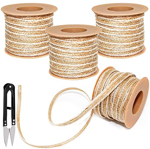 Juteband 4 Rollen 10M Jute Geschenkband Natürliche Satinband Schleifenband Dekoband Sackleinen Band mit Schere für DIY Handwerk Hochzeiten Partys Heimdekoration Leinen