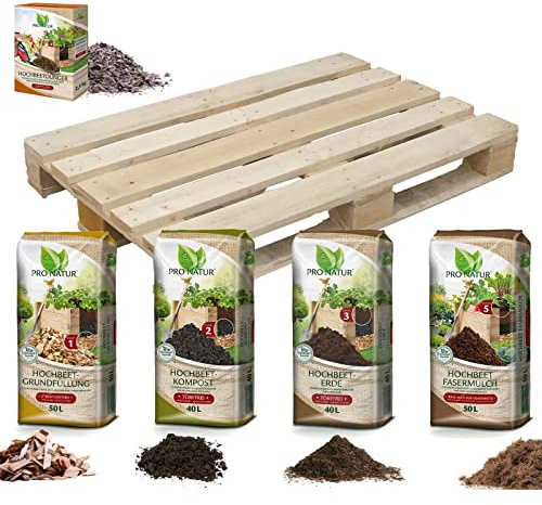 Pro Natur Hochbeet Erde Set Plus 400 l Grundfüllung + 400 l Kompost + 400 l Erde + 50 l Fasermulch + Hochbeet-Dünger