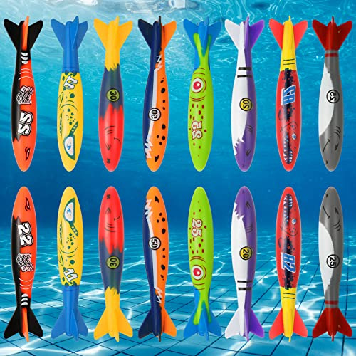 16 Pack Underwater Diving Torpedo Pool Diving Toy for Kids Gliding up to 20 Feet Throwing Diving Toys Shark Torpedo Swimming Toys Sinking Torpedo for Under The Sea Party